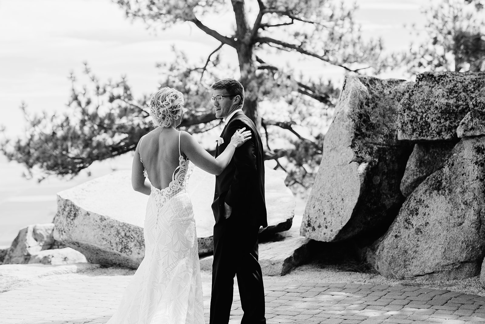 Bride and groom have their first look on their wedding day in Lake Tahoe at the Ridge Resort