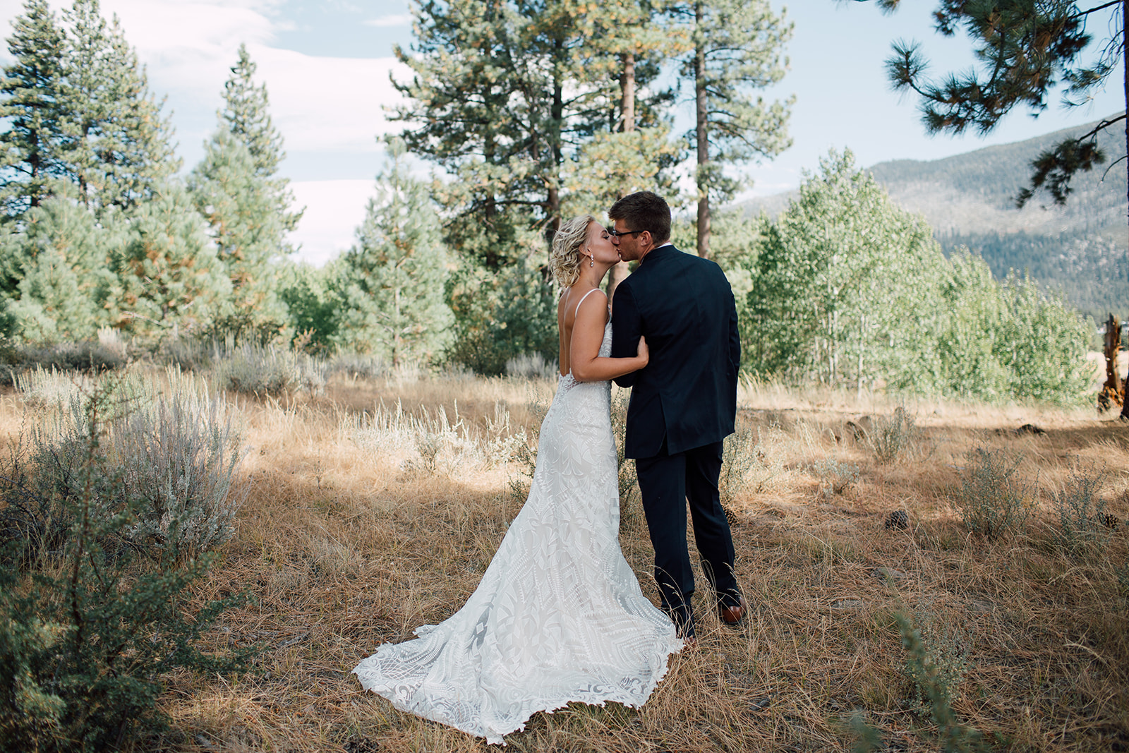 Couple kisses on their wedding day in Lake Tahoe