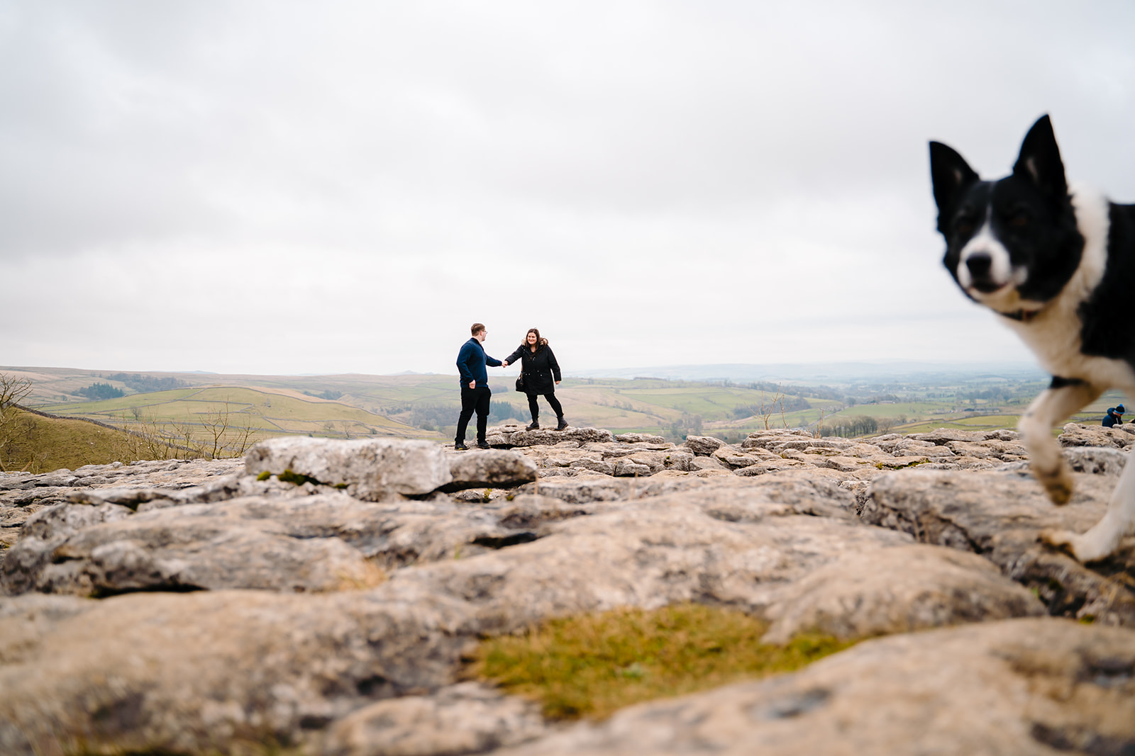 Supprise dog at a Malham Cove Engagement Shoot
