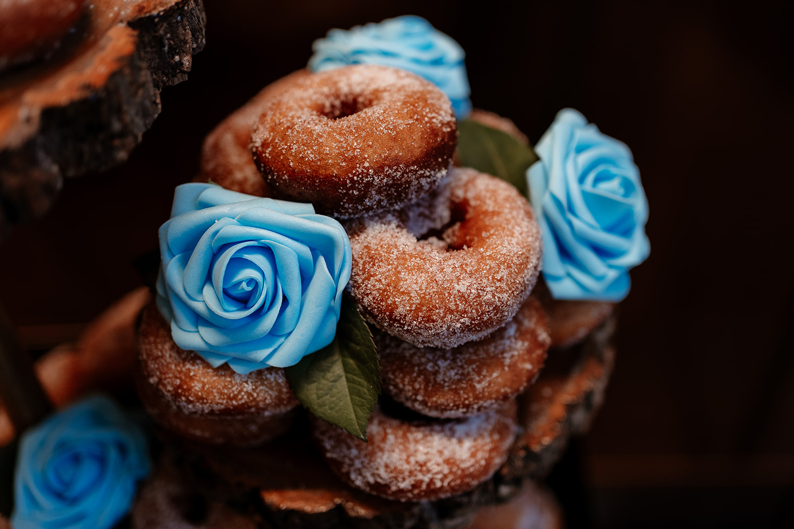 Sugar covered ring doughnuts decorated with blue icing sugar roses. 