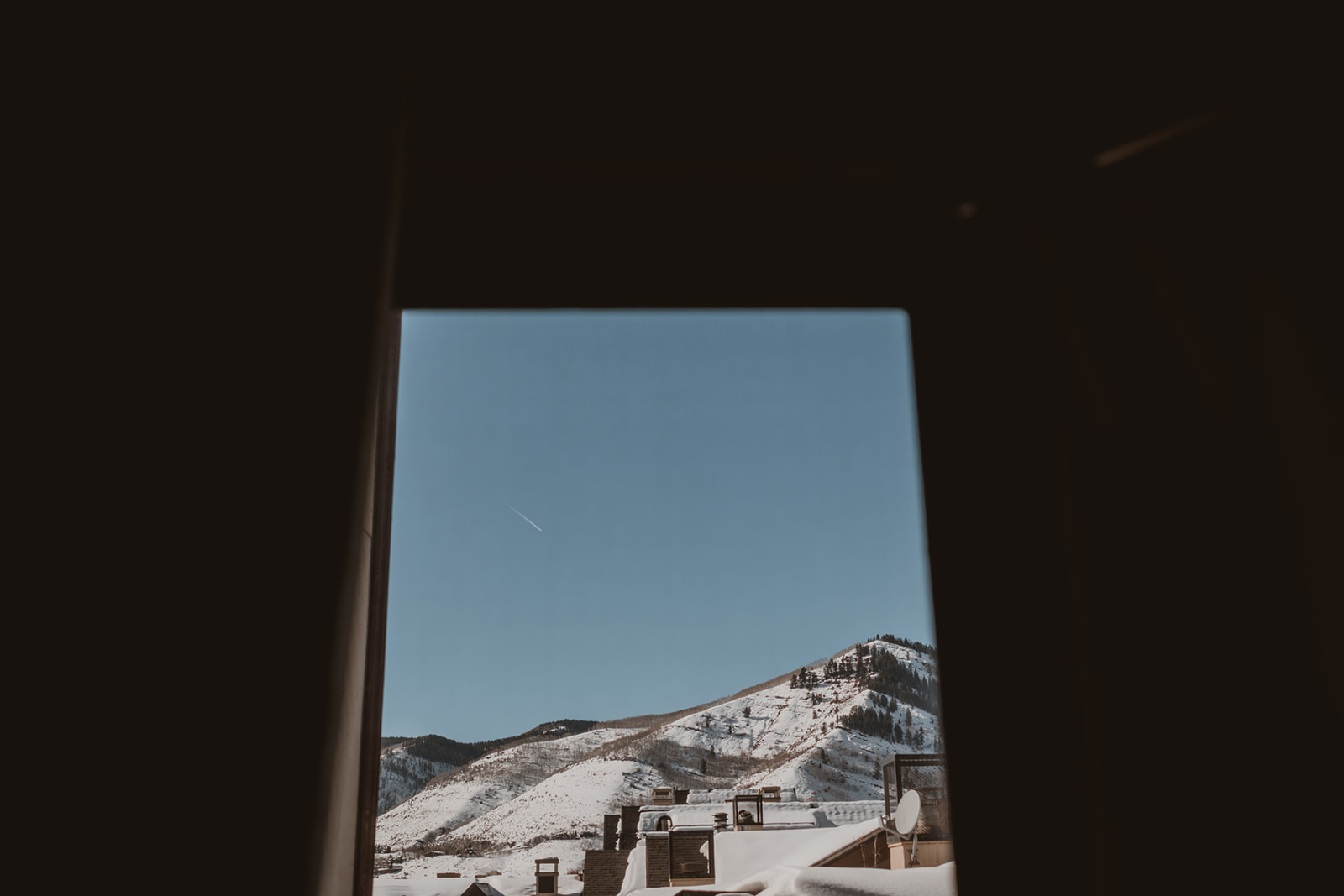 Mountains outside a window at the Sebastian Hotel in Vail, Colorado 