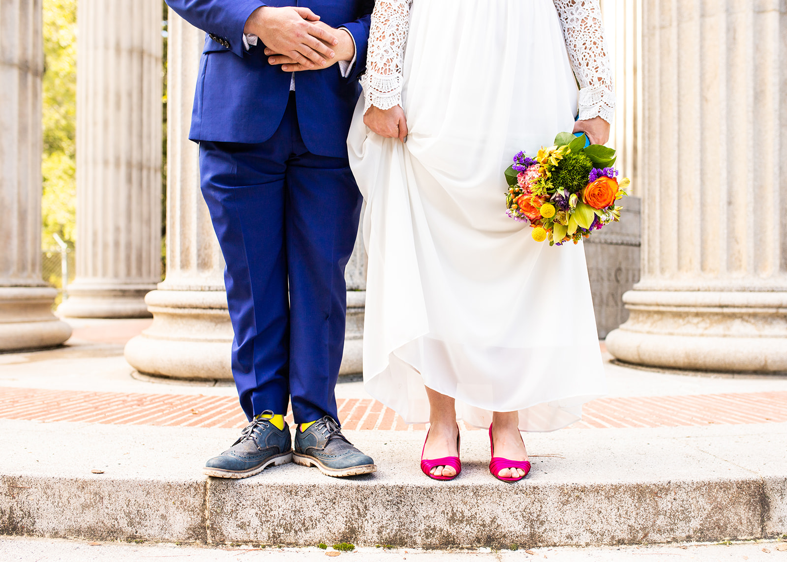 bride and groom colorful outfit details