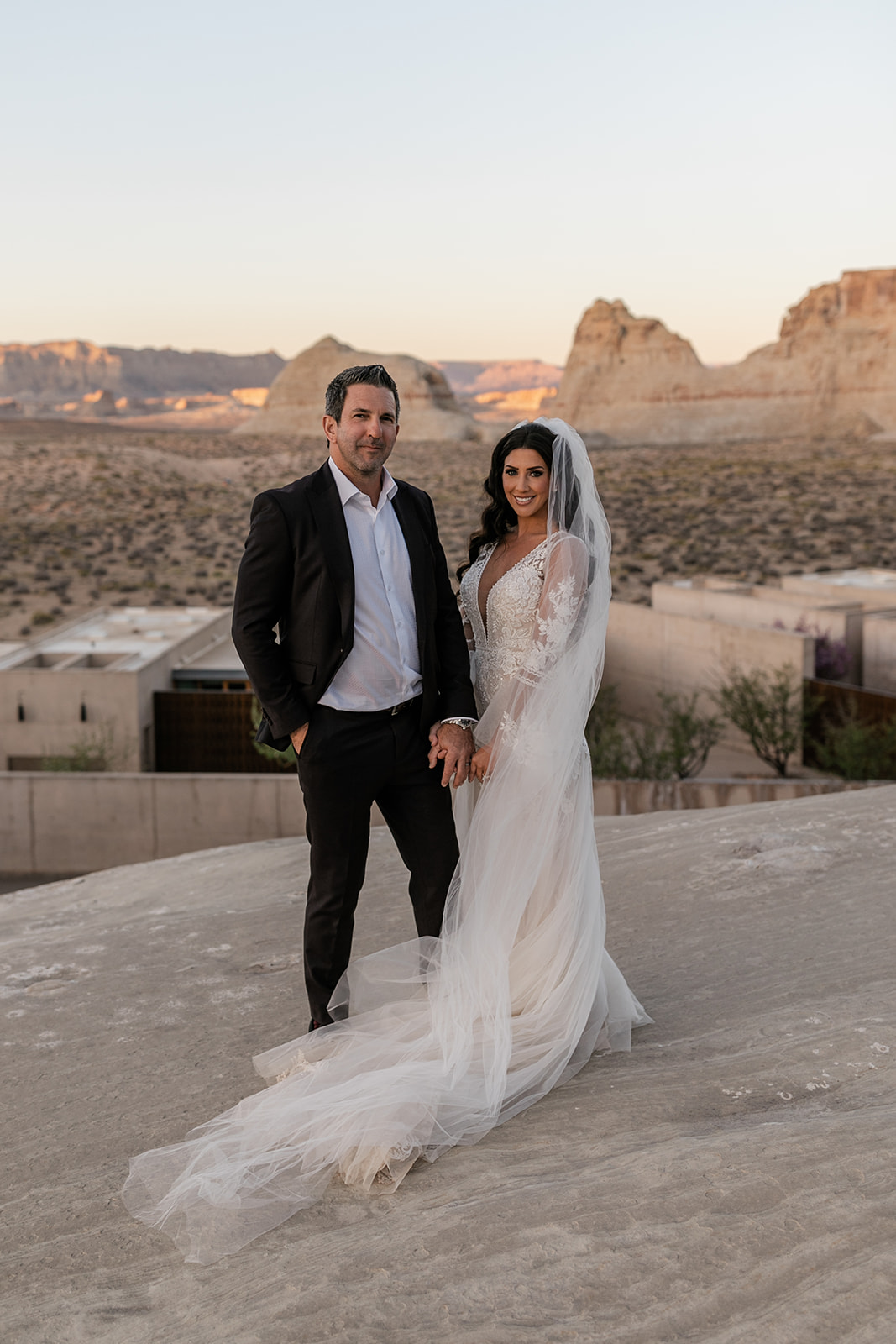 bride and groom in the desert at amangiri