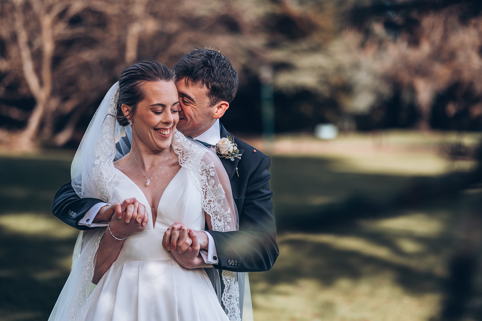 A bride and groom at Hanbury Manor