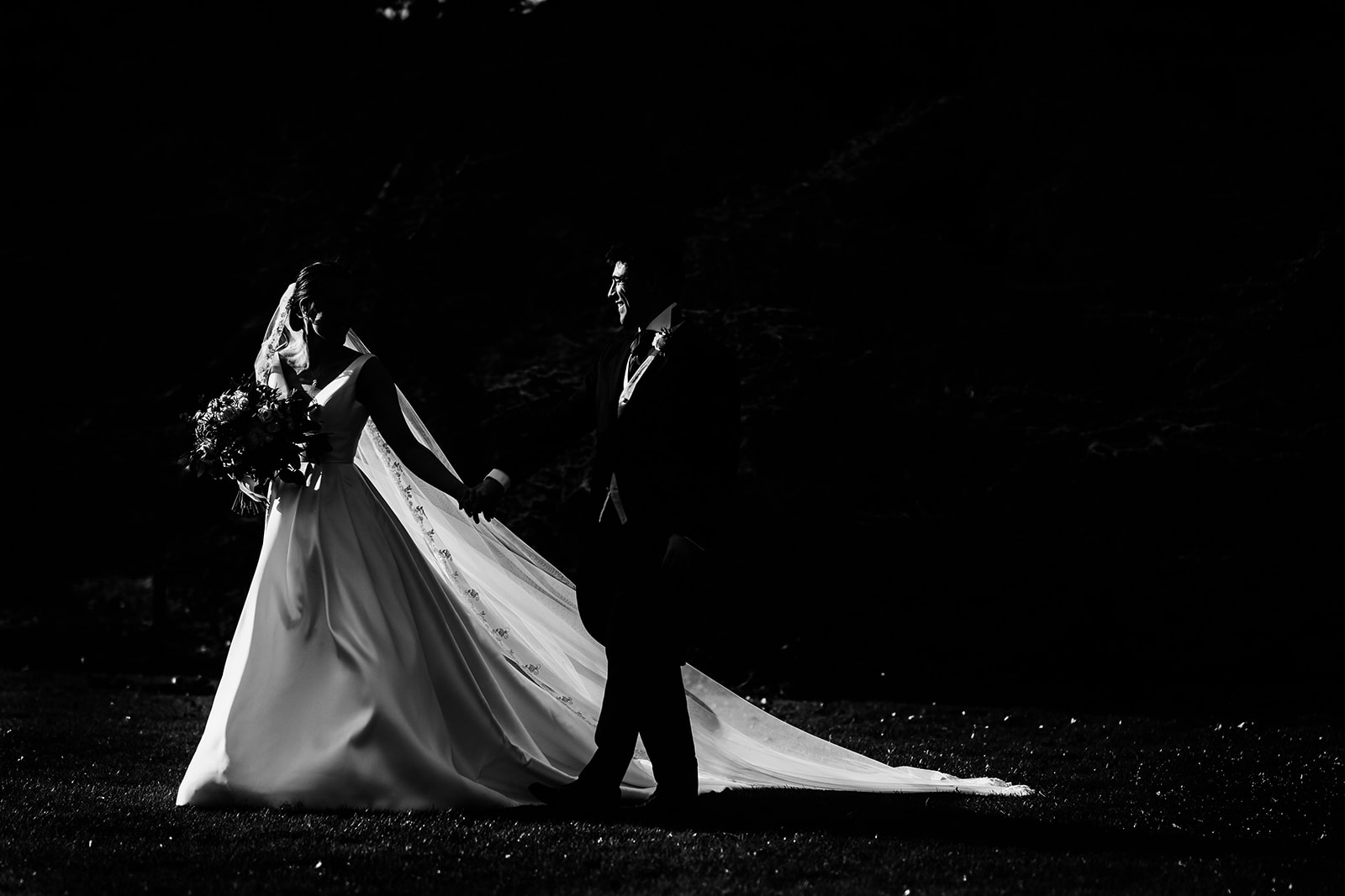 A black and white wedding photograph at Hanbury Manor