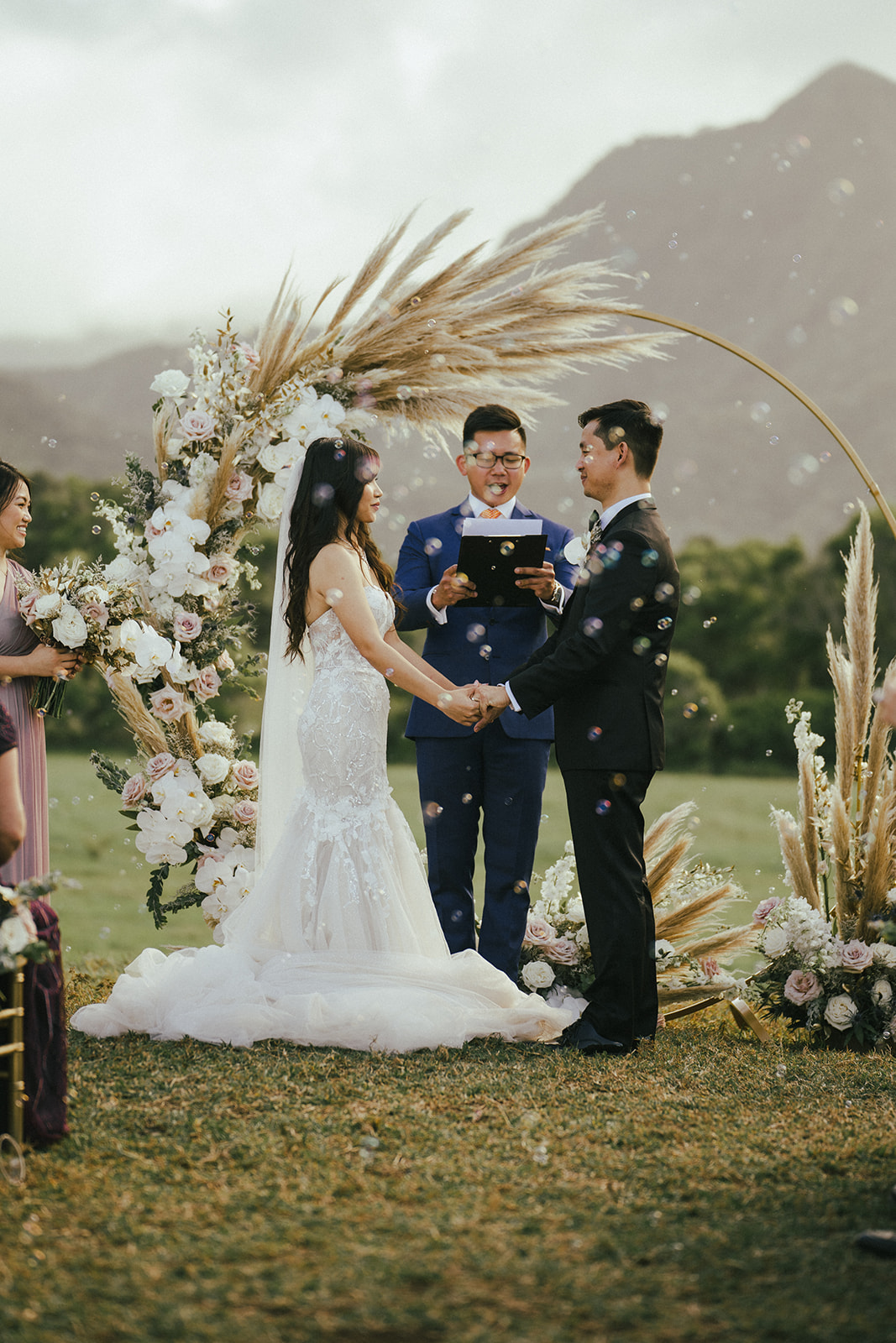 Bride and groom just got hitched at Wedding ceremony in Kualoa Ranch Hawaii