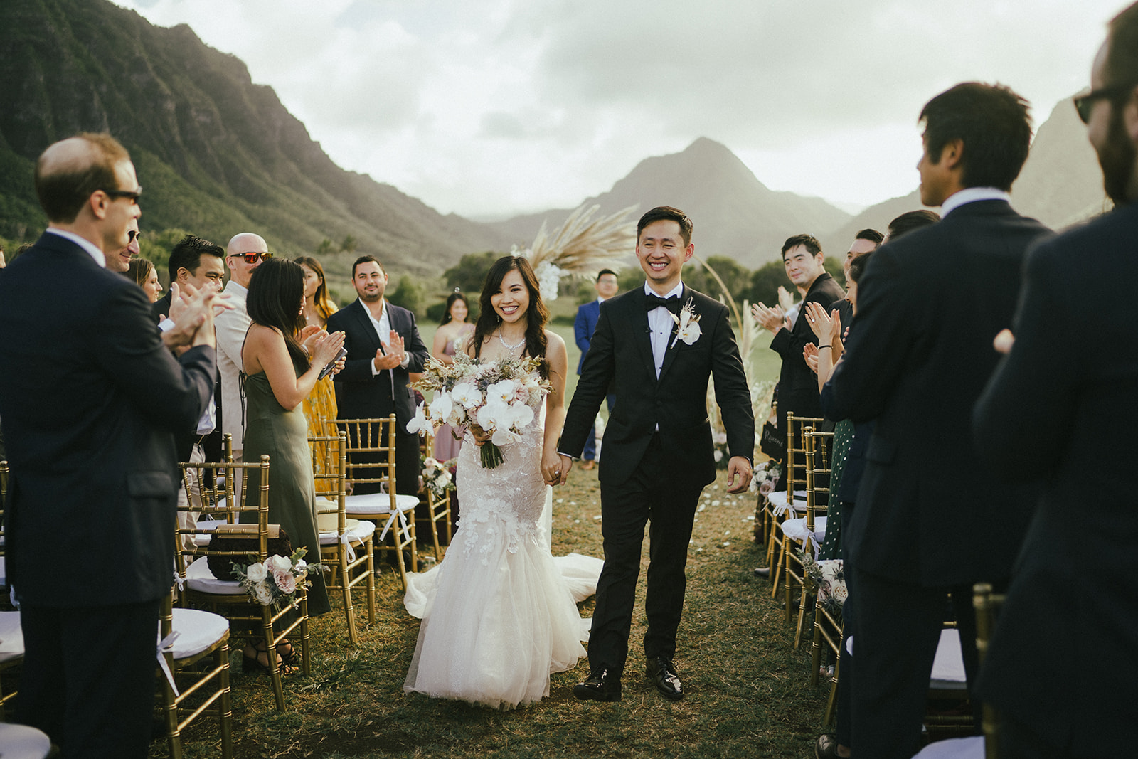 Bride and groom just got hitched at Wedding ceremony in Kualoa Ranch Hawaii
