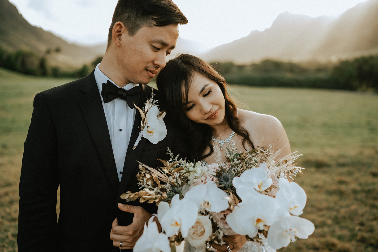 A couple after the wedding in Kualoa Ranch