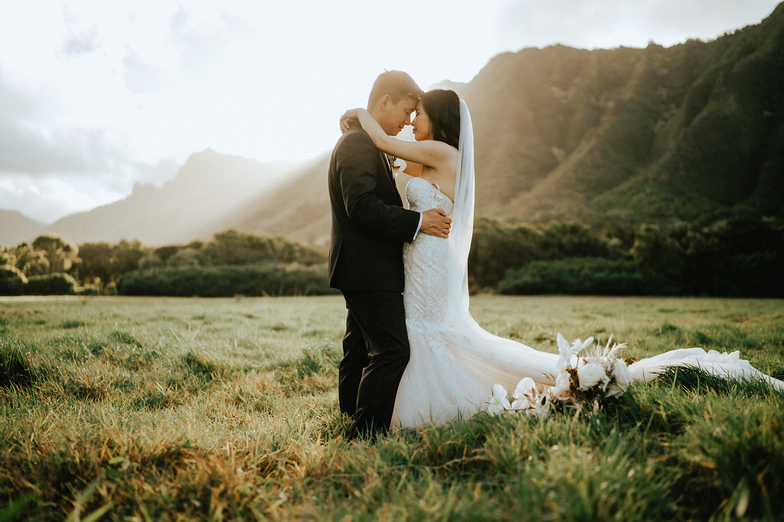 A couple after the wedding in Kualoa Ranch
