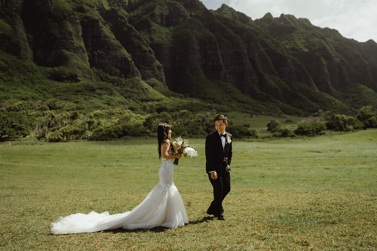 First look with the Bride and Groom before their wedding at Kualoa Ranch Hawaii