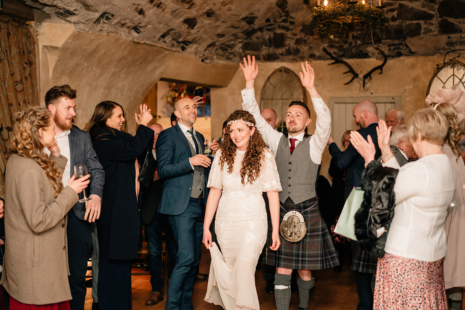 The first dance of a wedding couple at Neidpath castle
