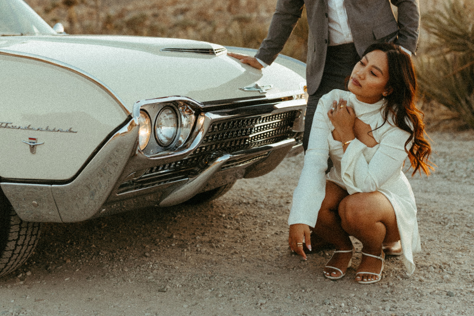 classic car engagement photos in joshua tree national park