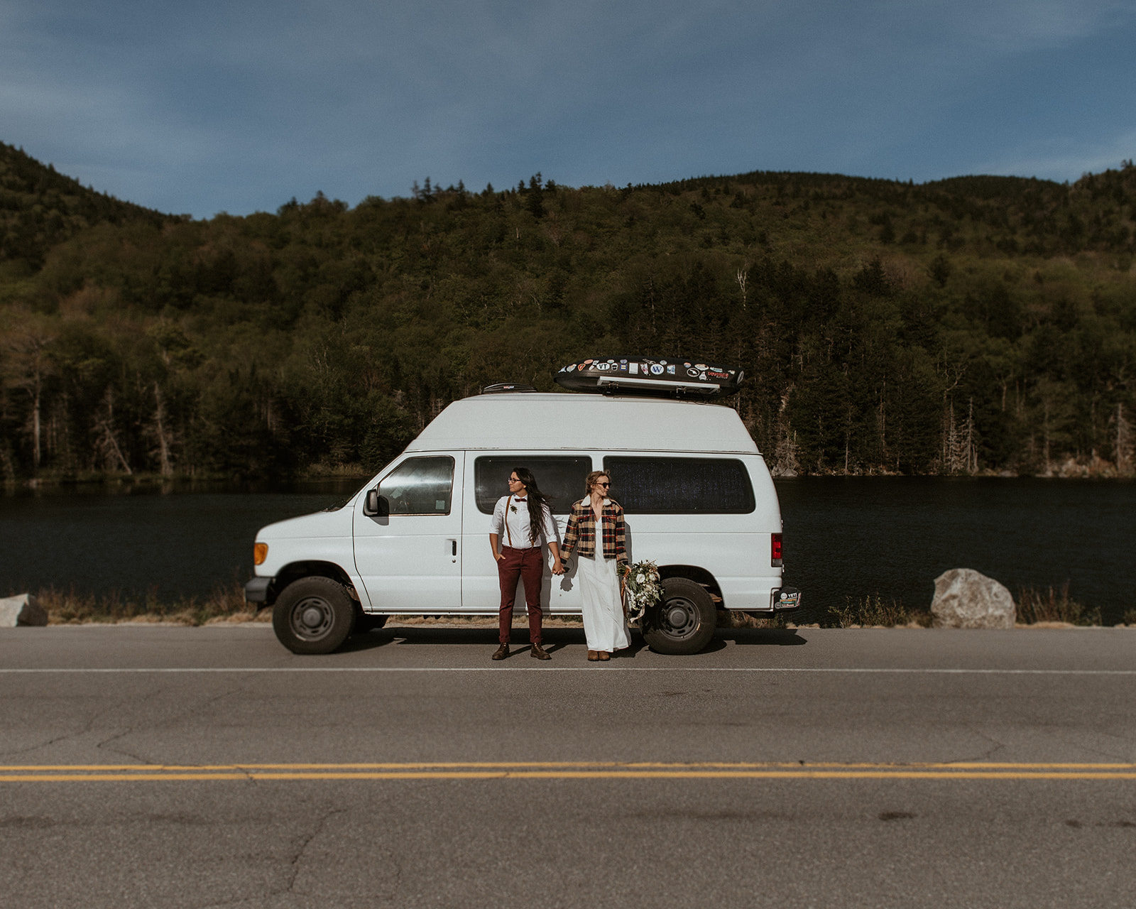 Elopement Couple pose with camper van at Mount Willard Base