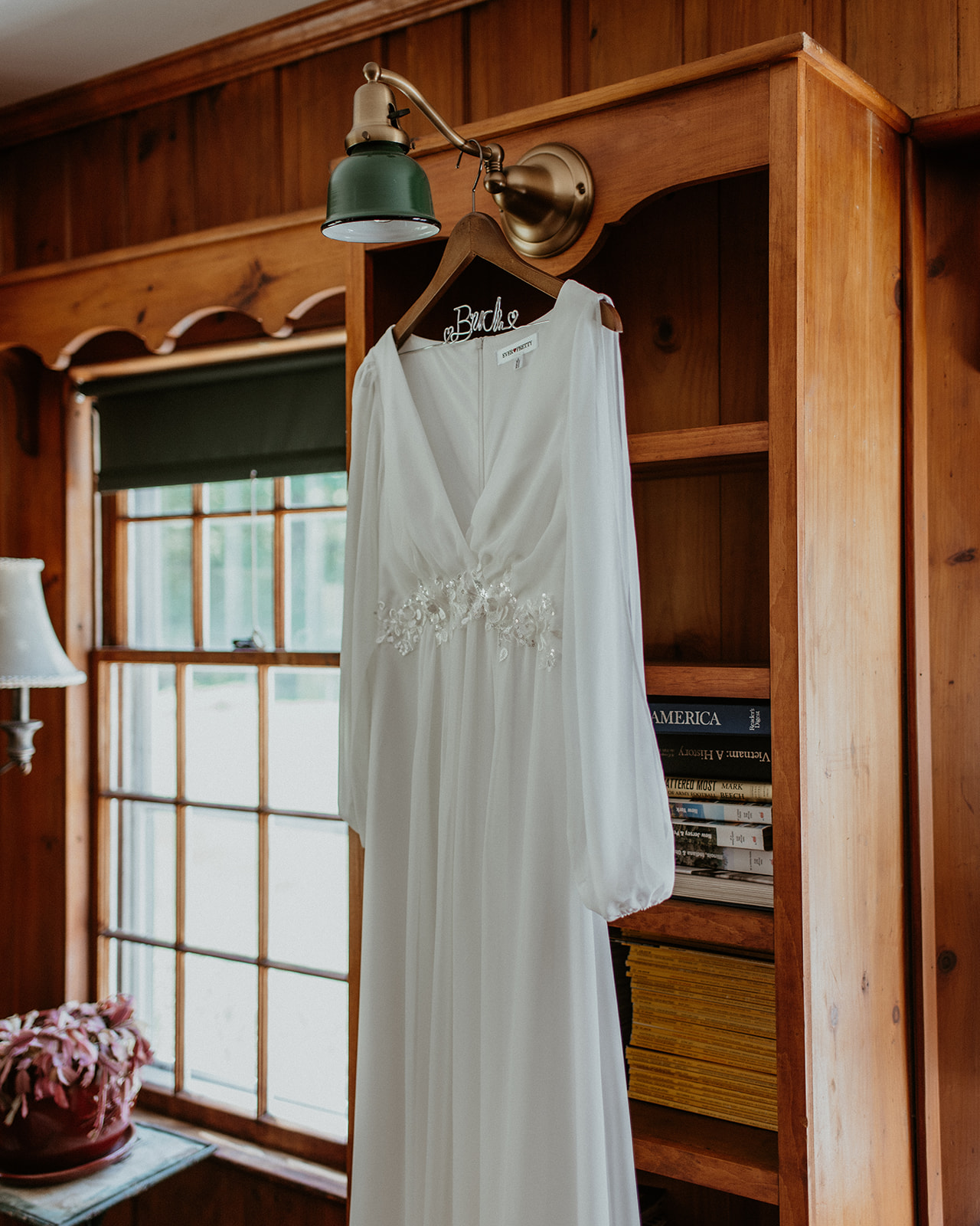 Wedding dress hanging at Horse and Hound Inn New Hampshire
