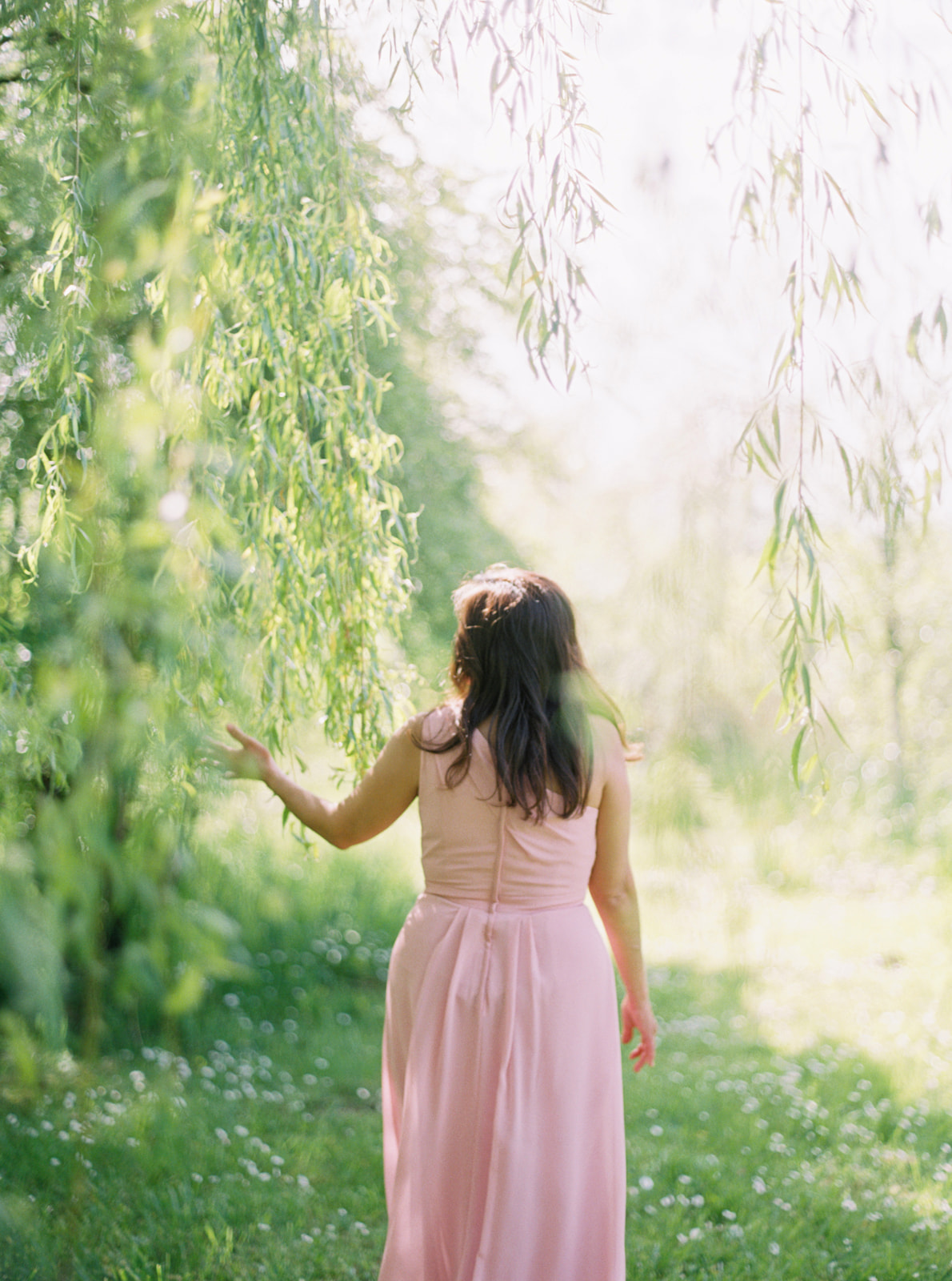a woman in a pink dress walks under a willow tree