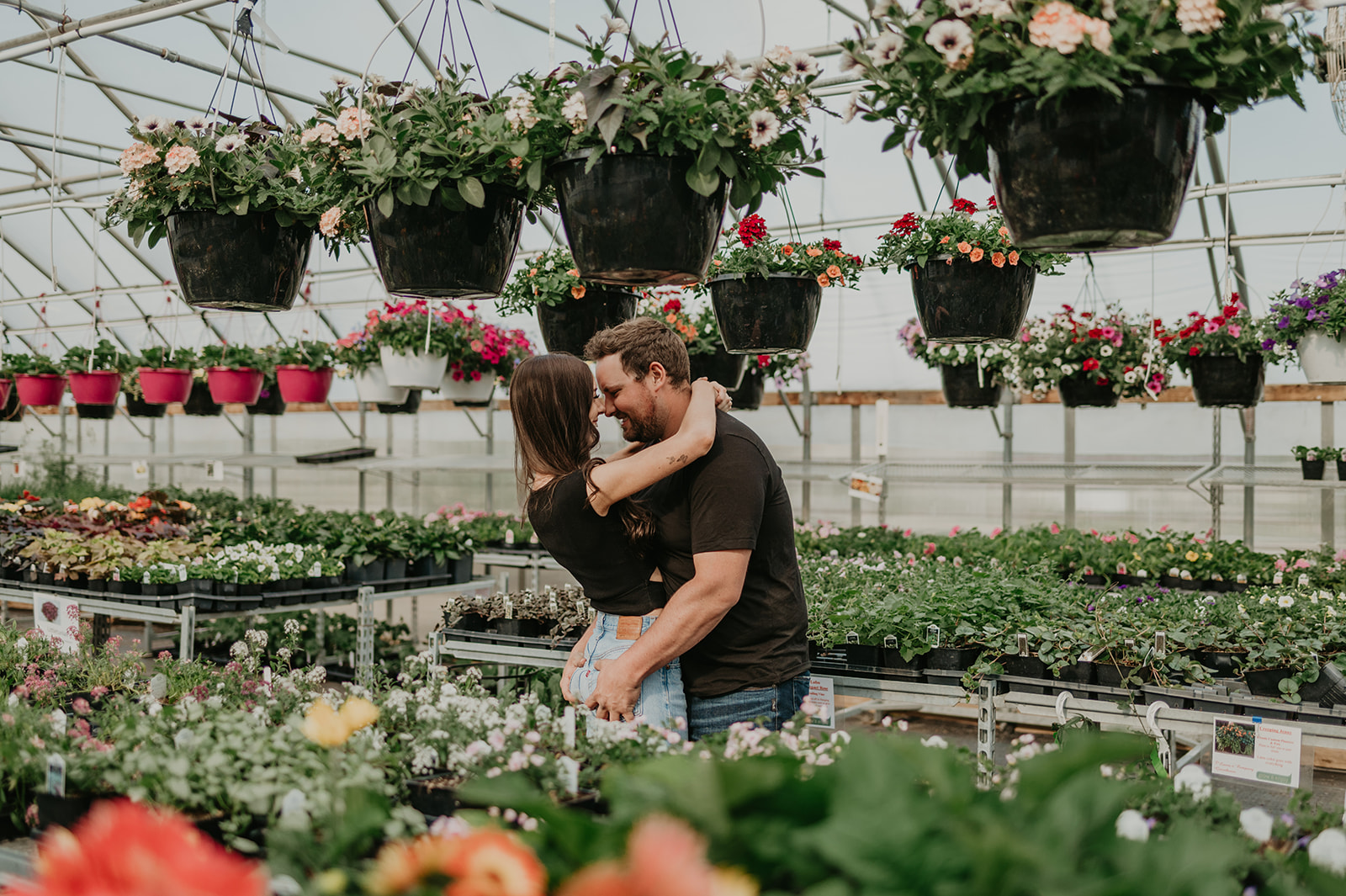 A couple embraces during their greenhouse engagement session.