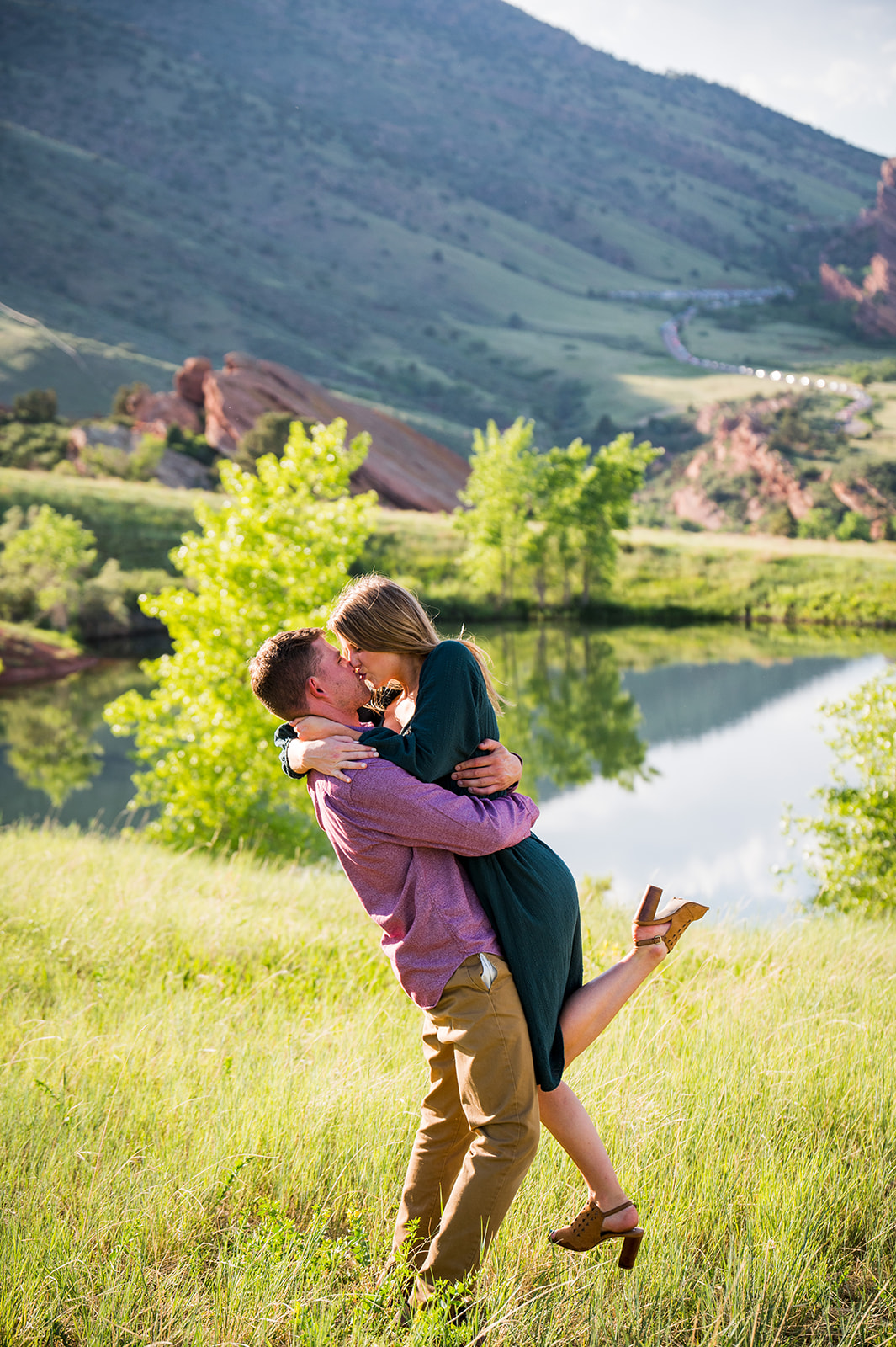 Mount falcon summer engagement session. Glowy sun and dog engagement session. Sunset engagement session in denver