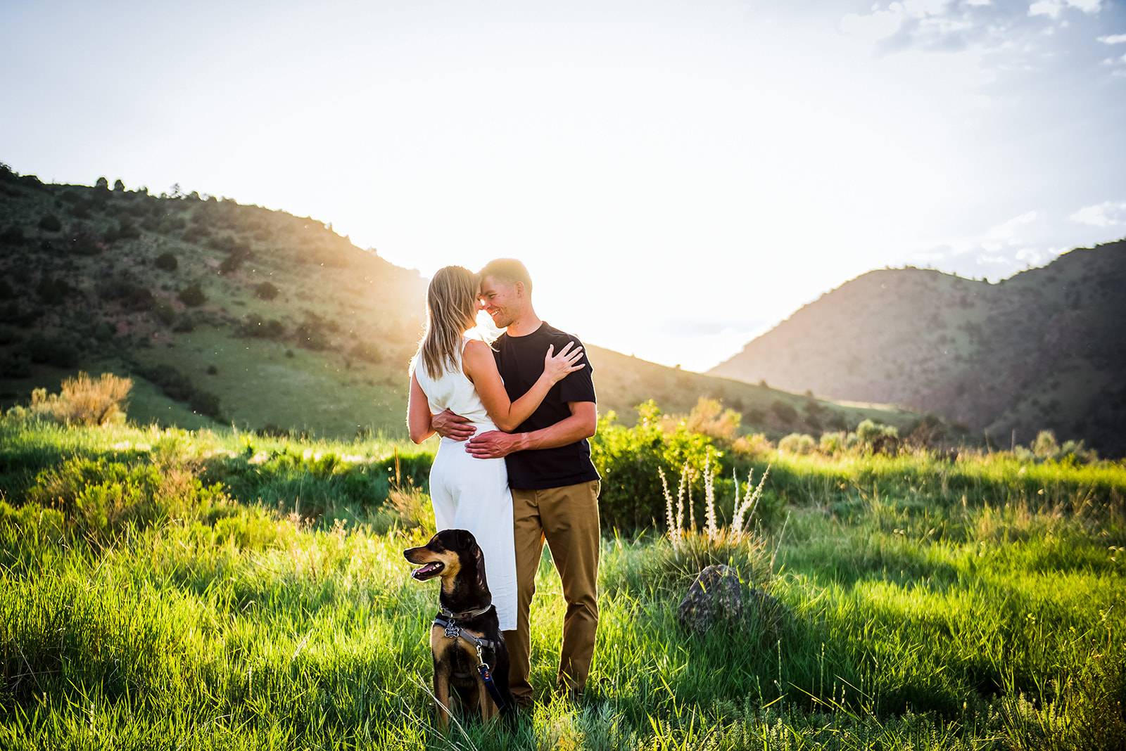 Mount falcon summer engagement session. Glowy sun and dog engagement session. Sunset engagement session in denver