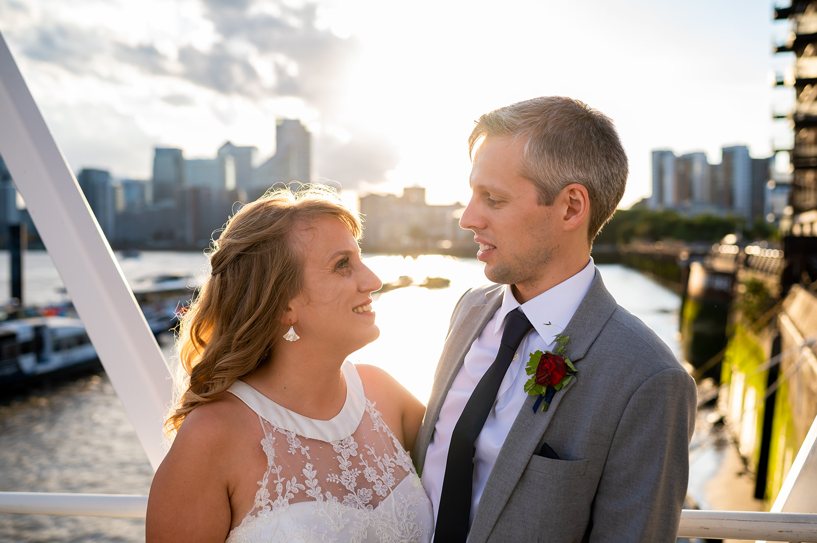 golden hour for couple at their Trinity Buoy Wharf Wedding 