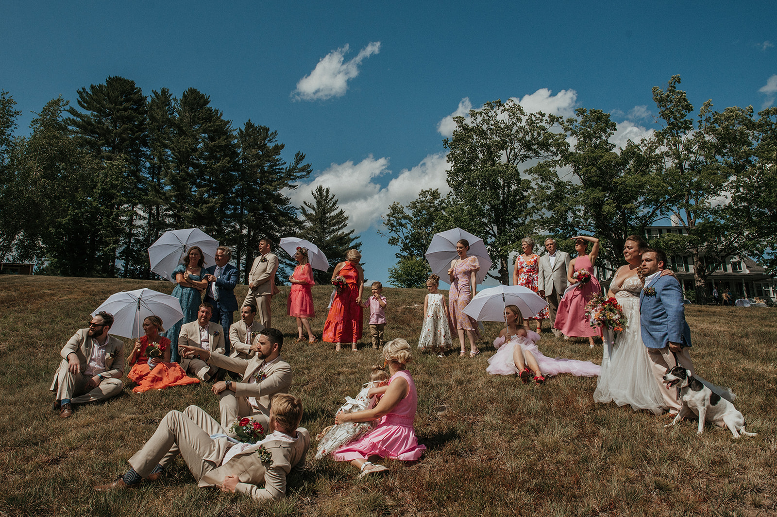 Bride and groom with wedding party and family recreate Seurat's A Sunday Afternoon on the Island of Grand Jette
