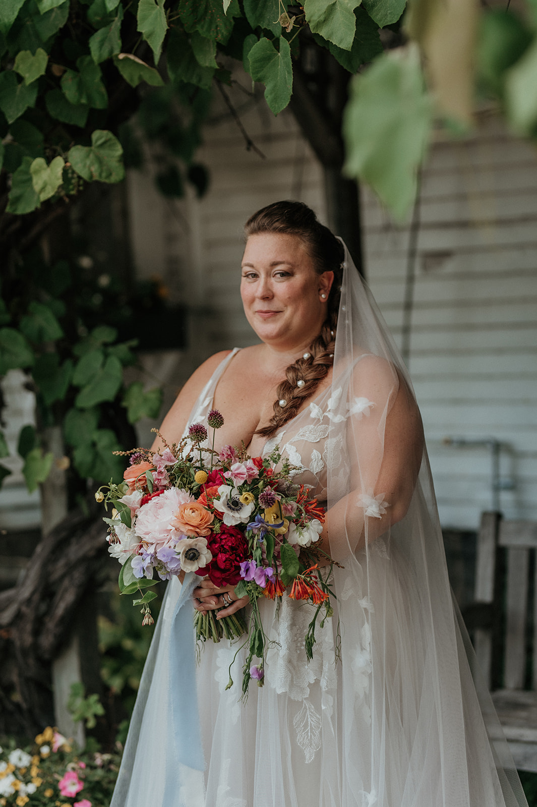 Bridal portrait with bride wearing Willow by Watters Dress at The Preserve at Chocorua