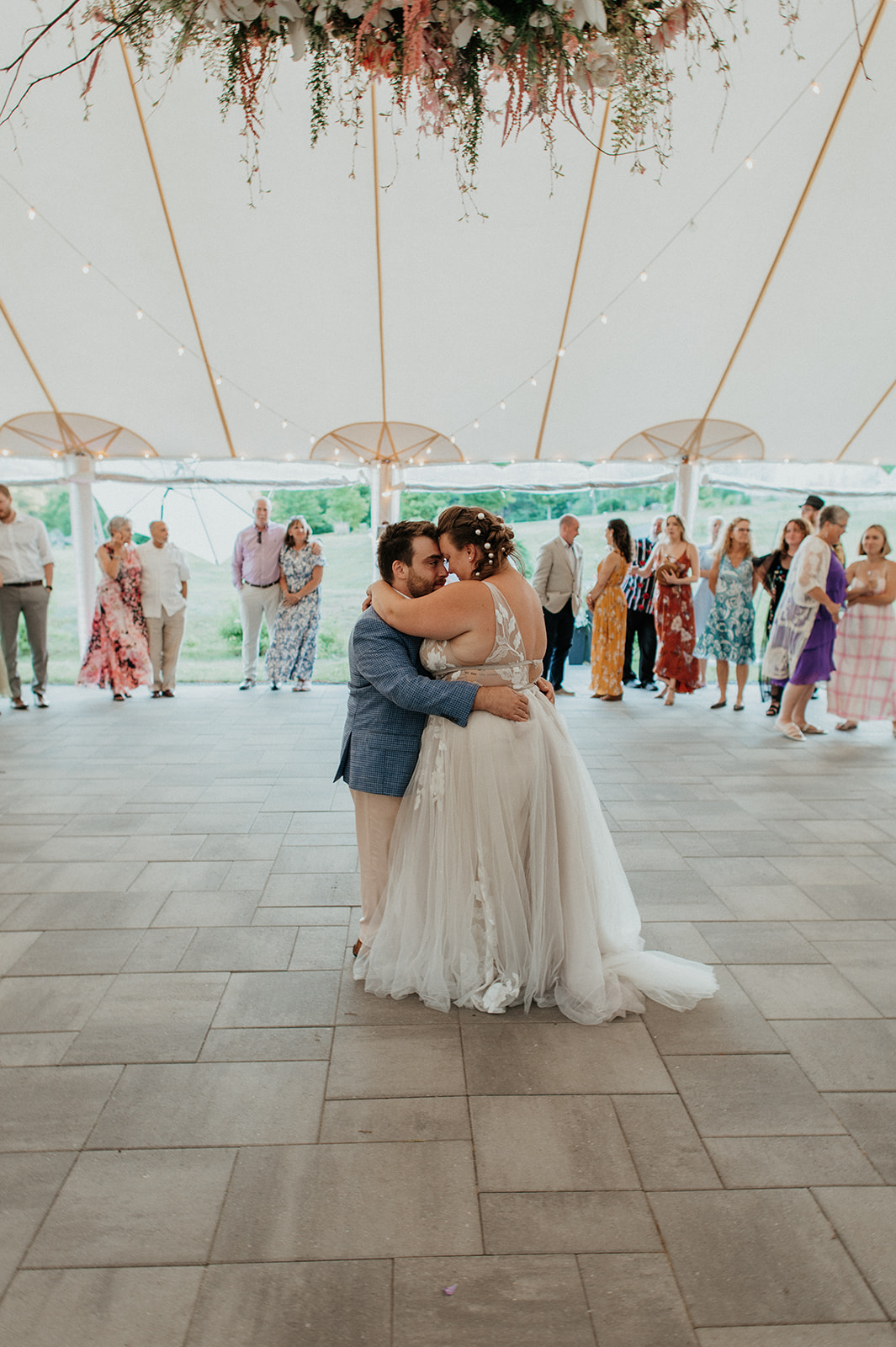 Bride and groom first dance in tent at the Preserve at Chocorua