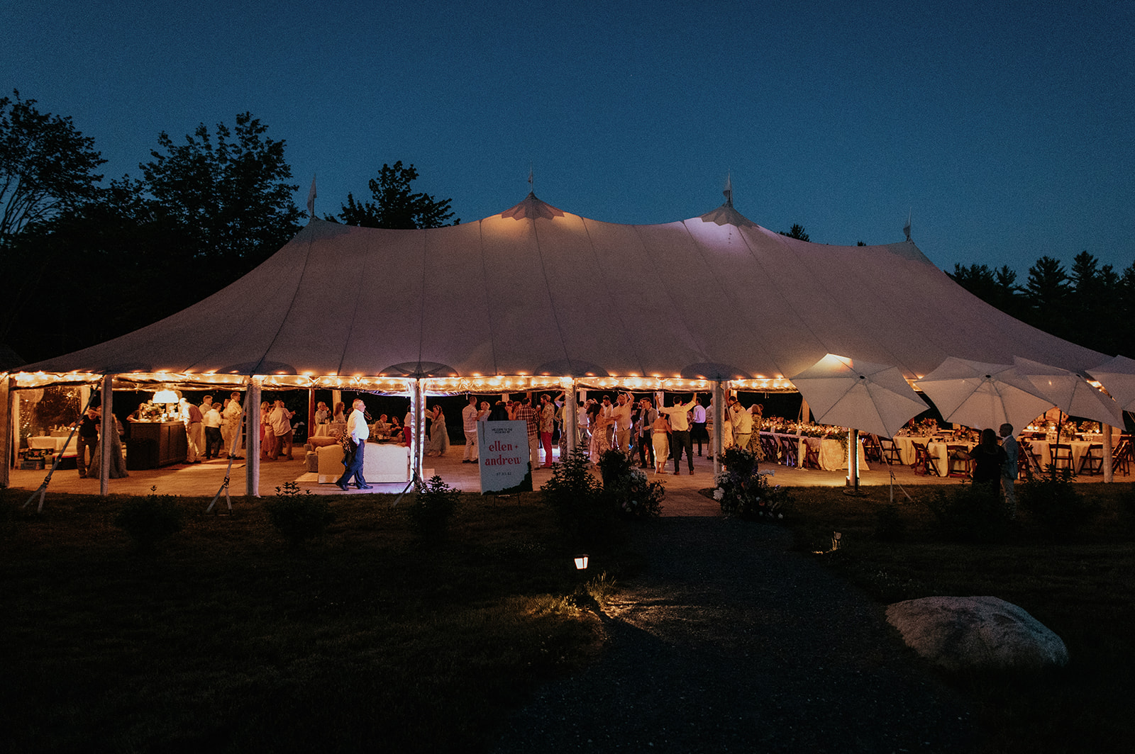 Reception tent at night during reception at The Preserve at Chocorua