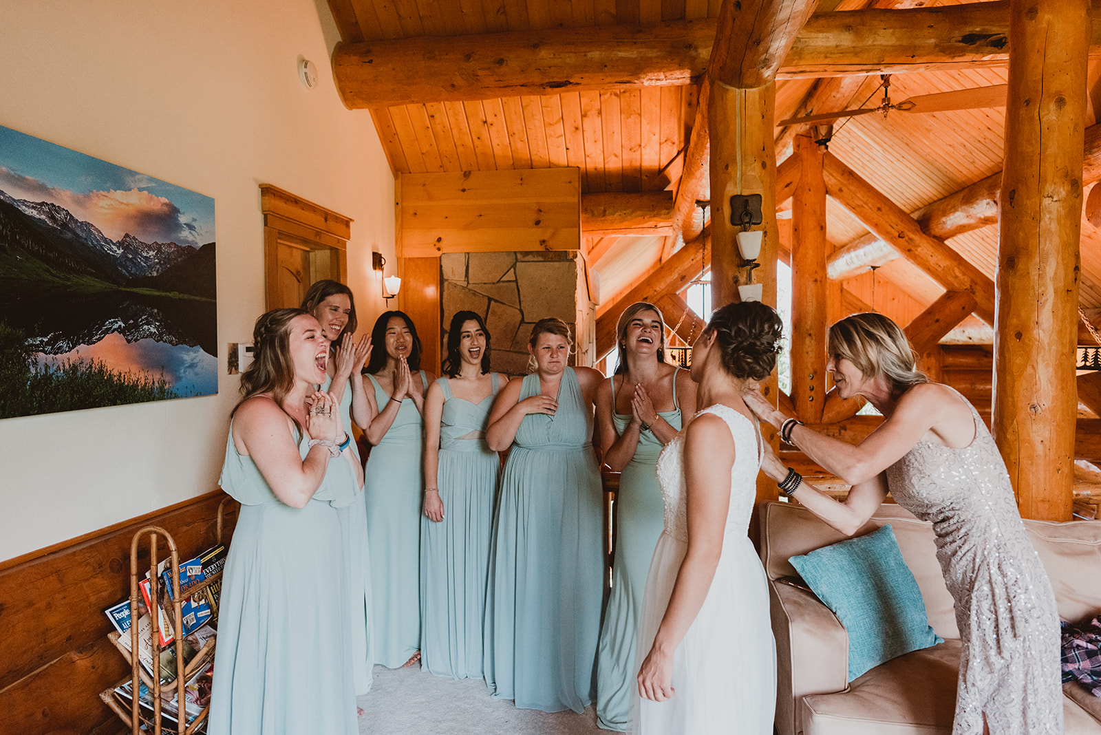 Bride and bridesmaids get ready in a cabin in the mountains of Vail, Colorado 