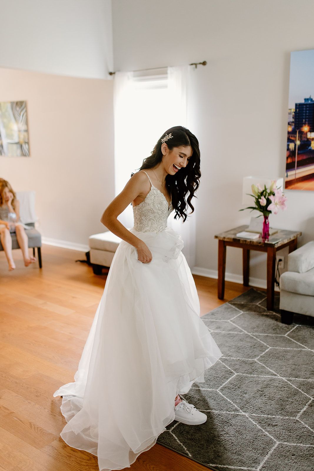 Bride smiles in her wedding dress