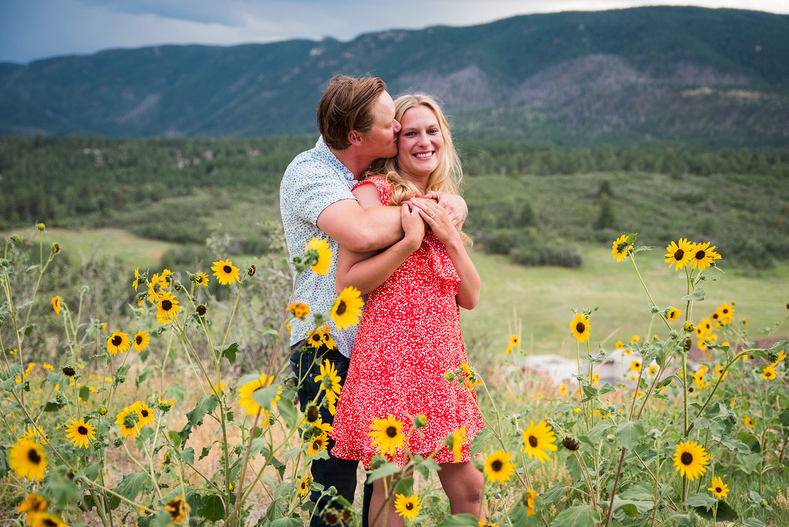 A man embraces his fiancée and kisses her on the cheek while standing in s field of sunflowers.