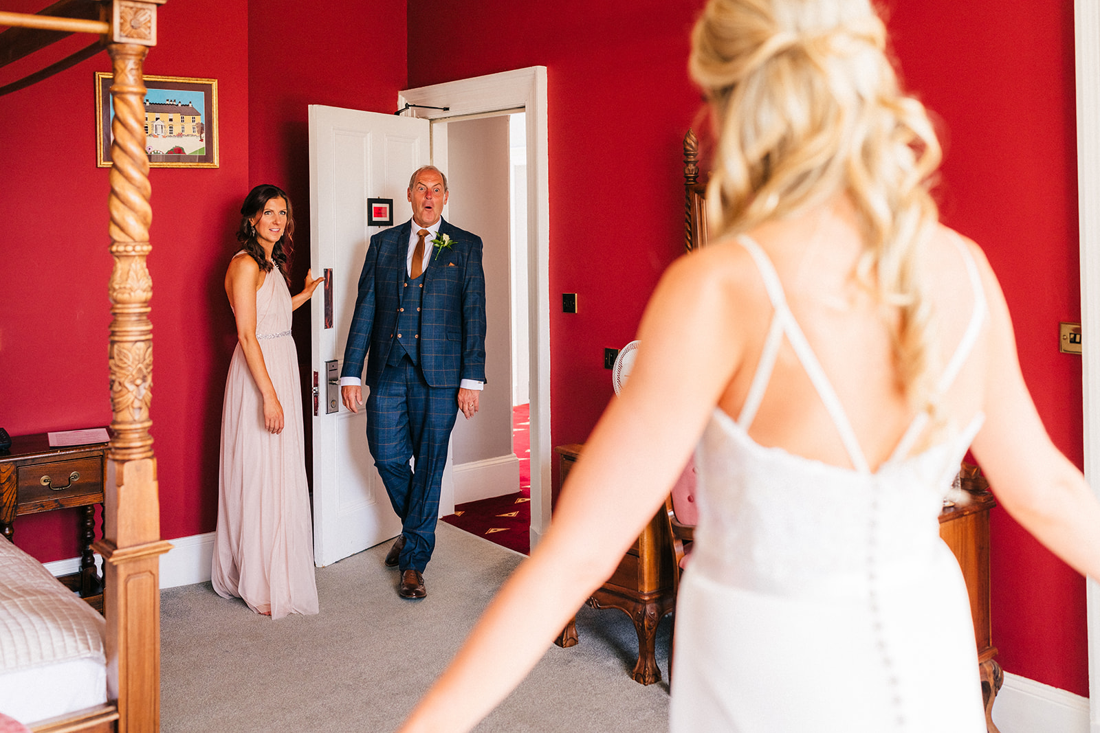 Shottle Hall Wedding Photography - father of the bride, seeing his daughter on the morning of her wedding