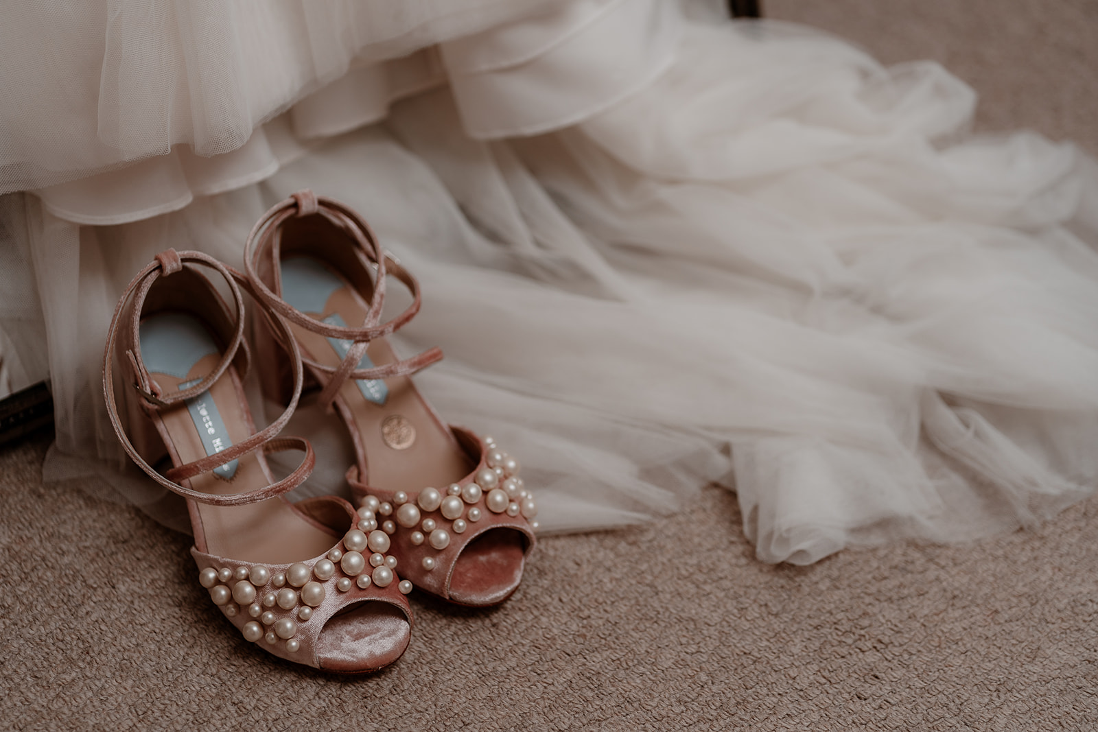 Charlotte Mills pink velvet and pearl shoes. Summer wedding at Syrencot. 