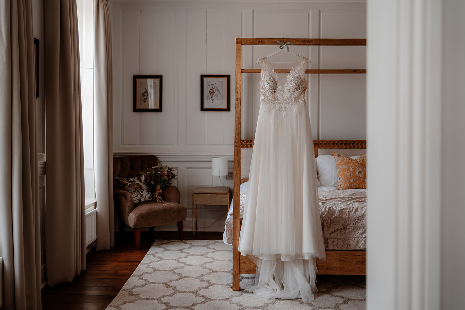 Wedding dress hung in the Syrencot Master Suite. 