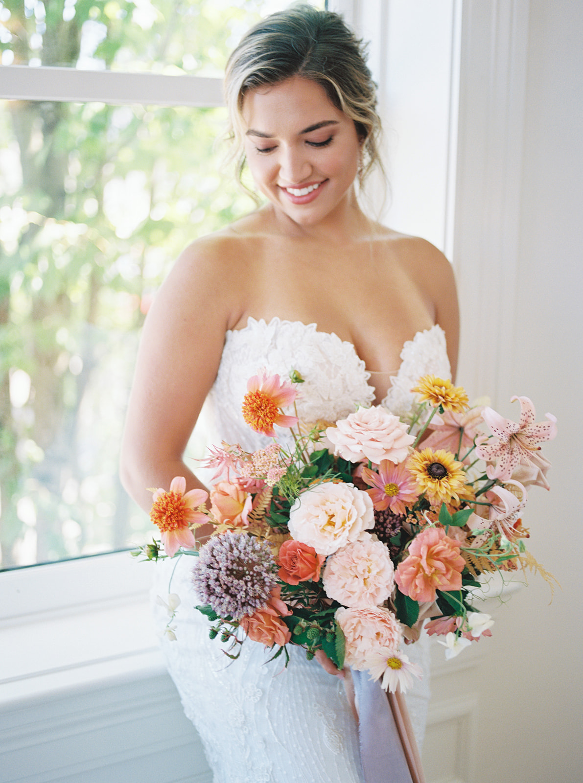 Indoor bridal and bouquet portrait 