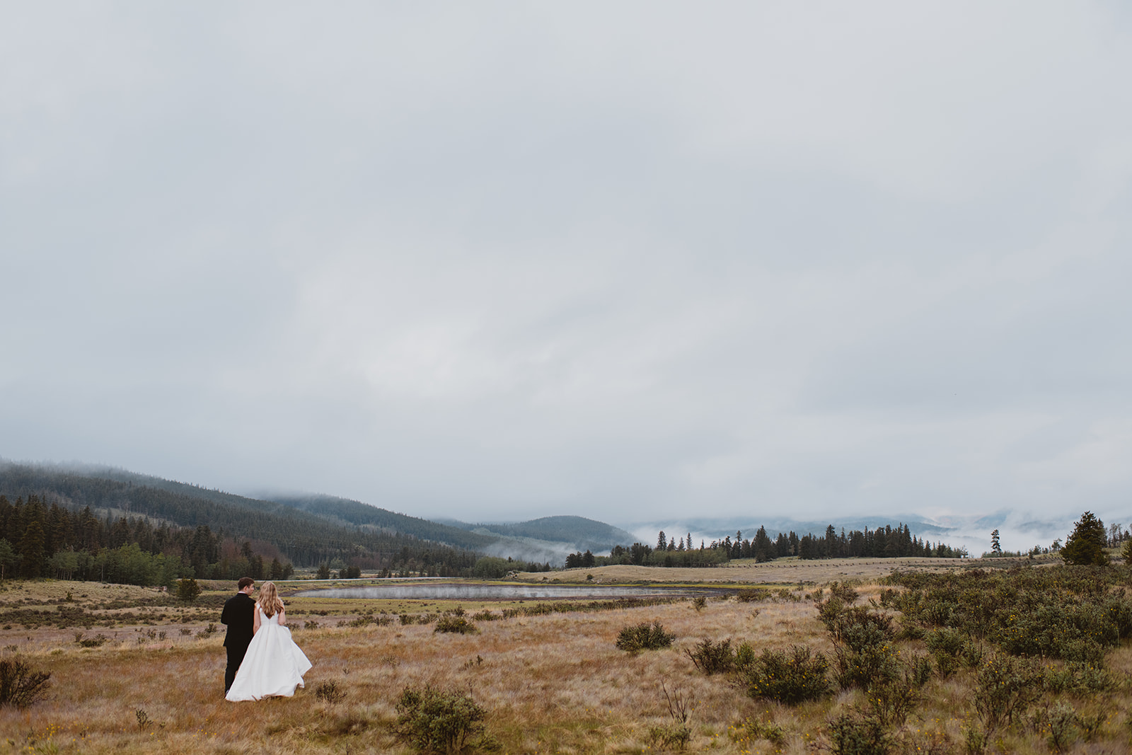 Bride and groom walk through a field in the mountains in Denver, Colorado 