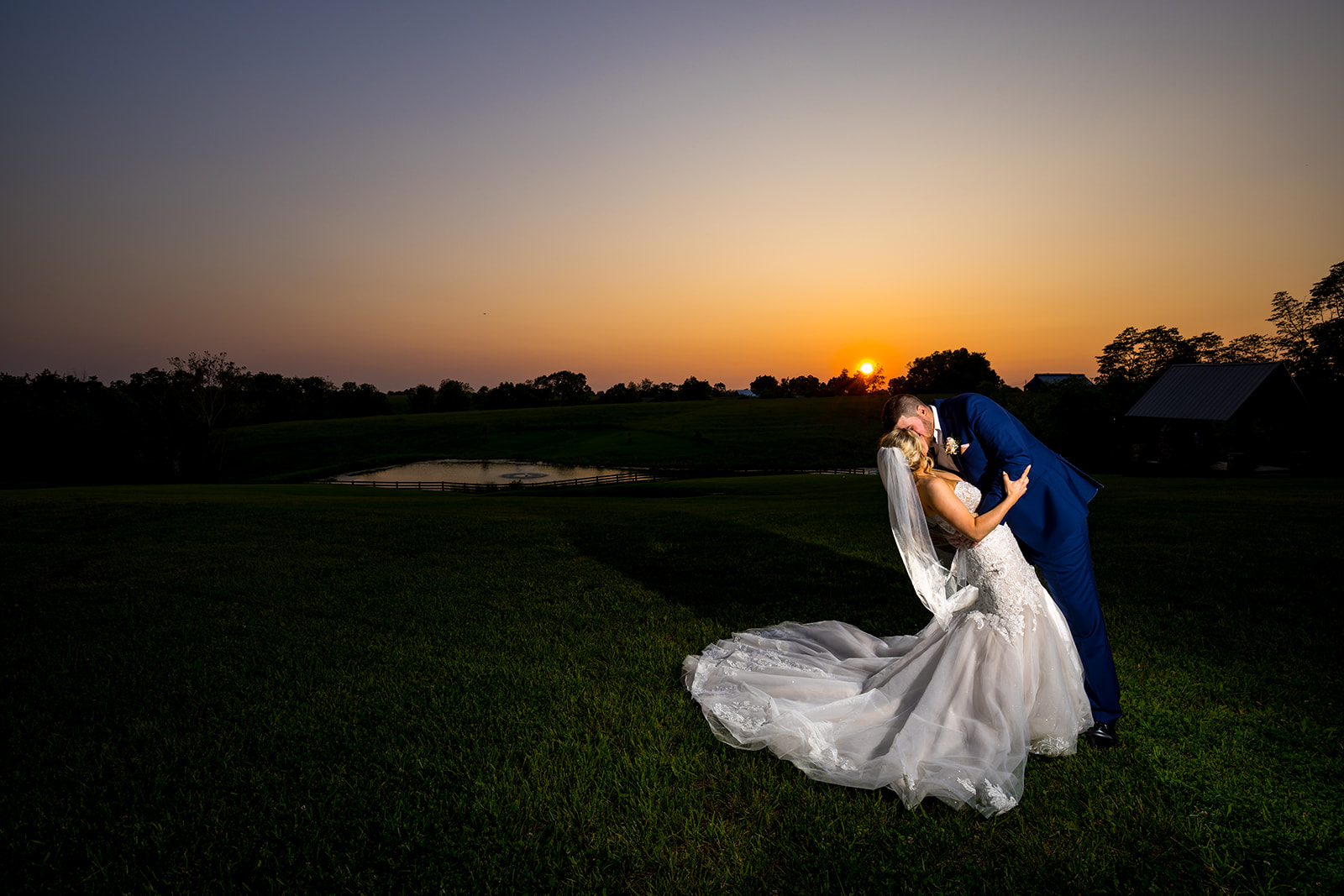 Wedding couple during sunset at Bryton Barn in Kentucky