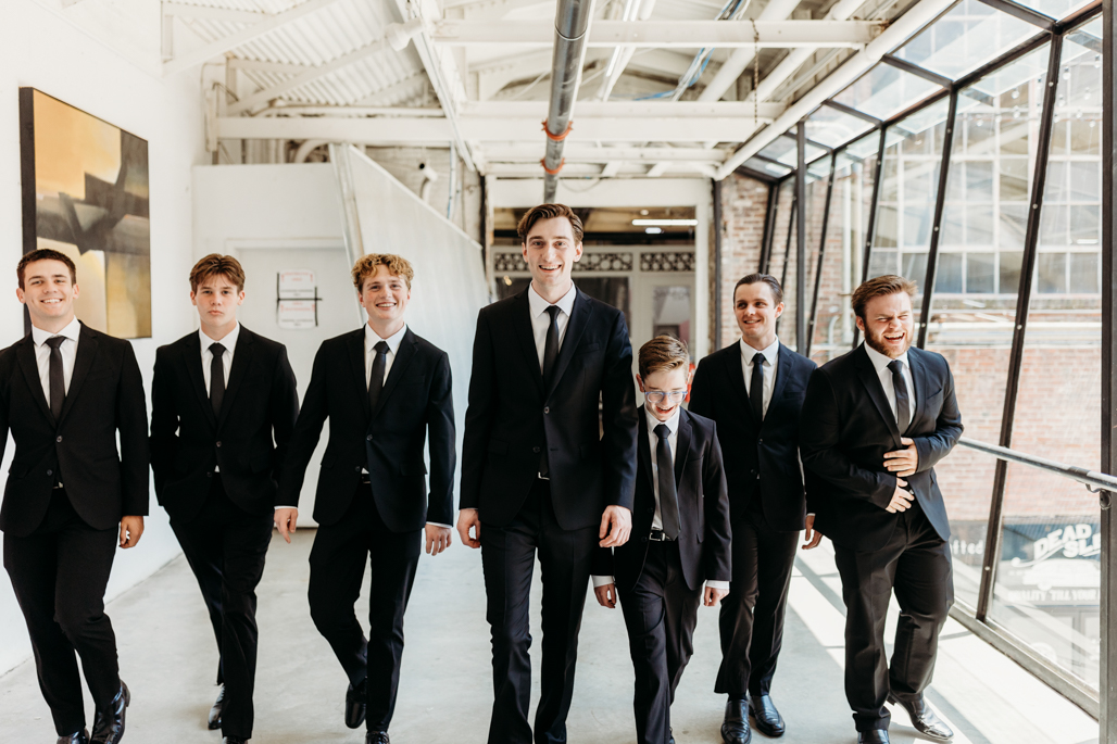 GROOM WITH HIS GROOMSMEN AT MELLWOOD ARTS CENTER