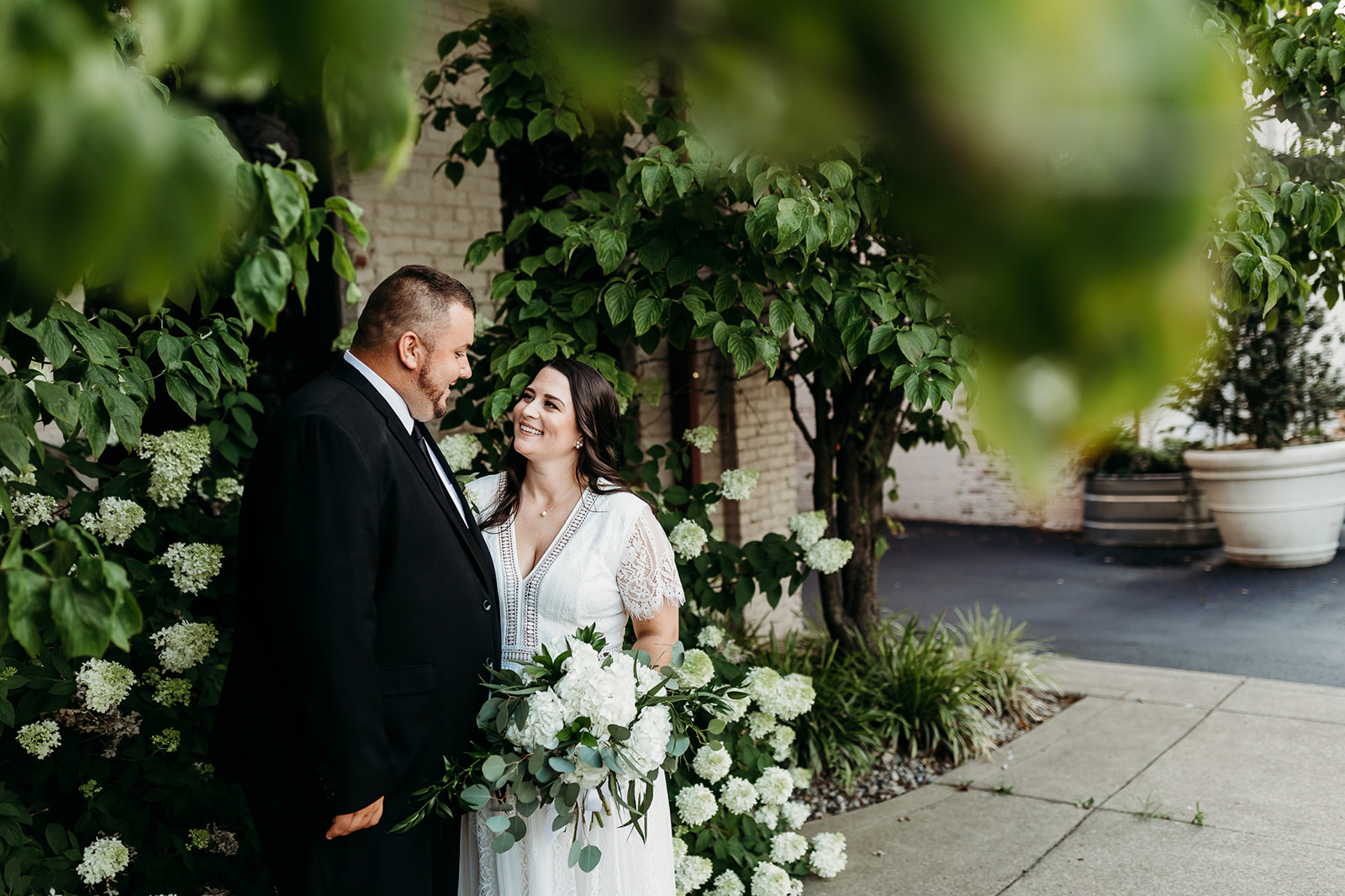 Bride and groom portraits outside the refinery in Jeffersonville, Indiana
