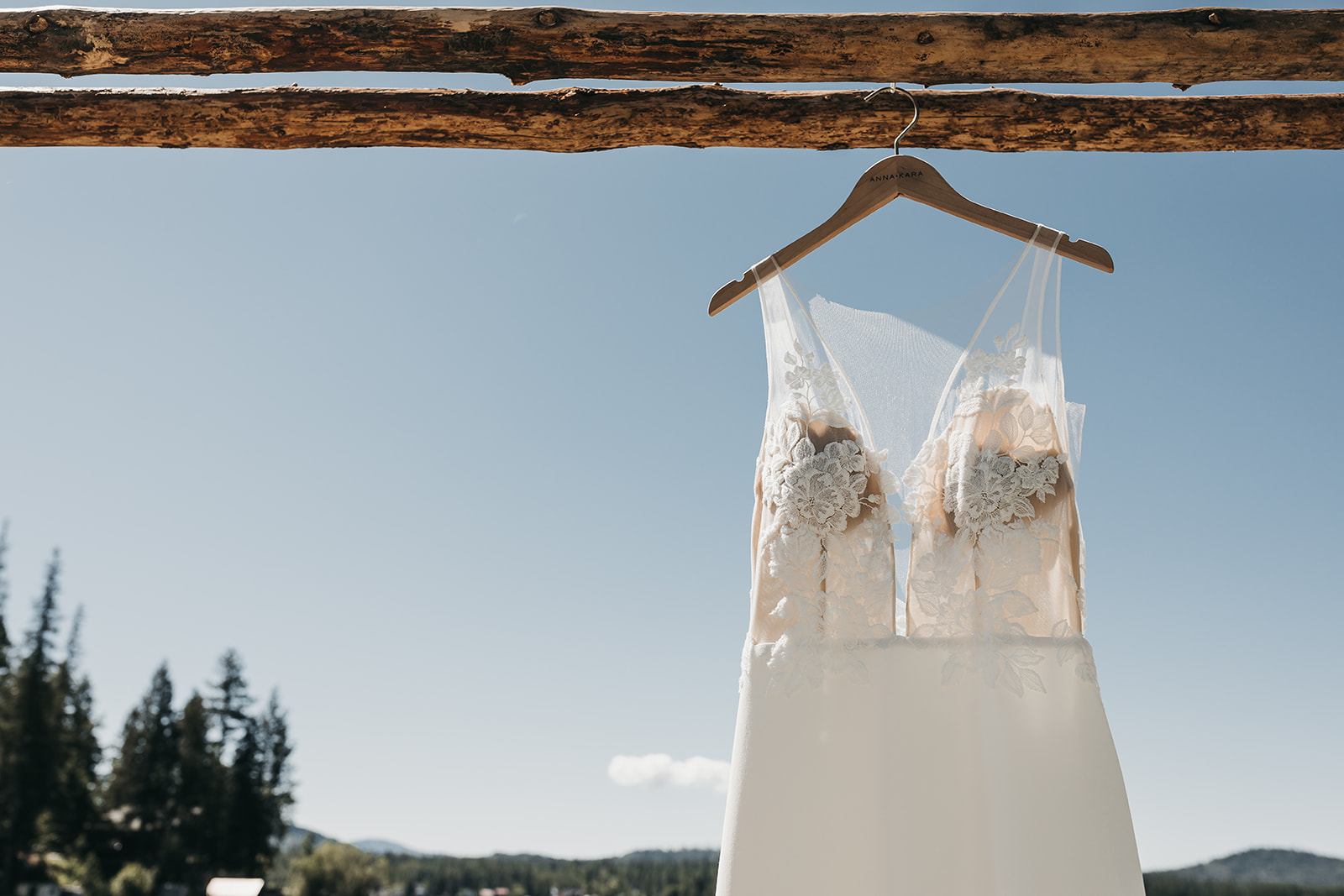 Bridal gown hung with mountain and lake side views
