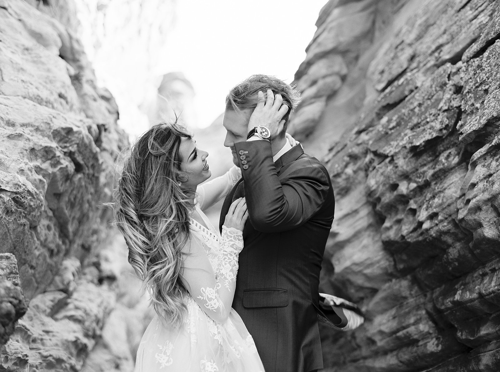 Black and white image of a bride and groom during their Zion National Park elopement.