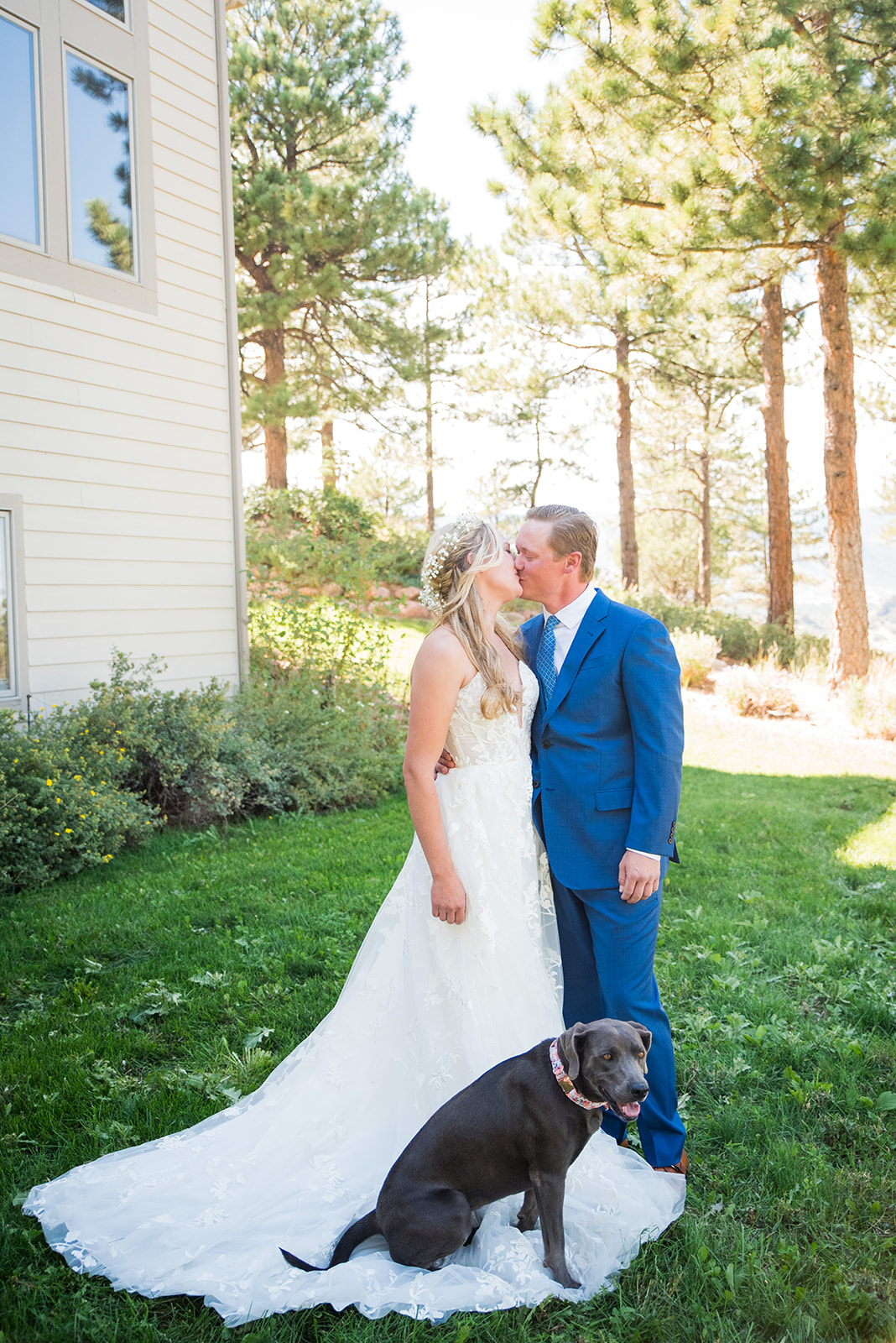 Bride and groom share a kiss with their dog in the foreground.