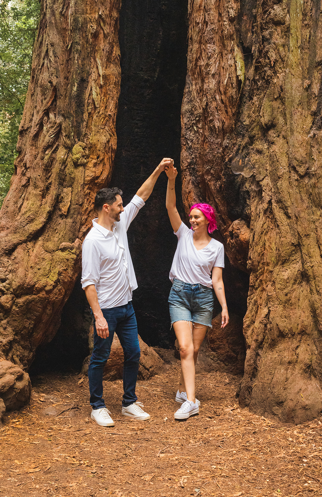 couple dances in the redwoods engagement
