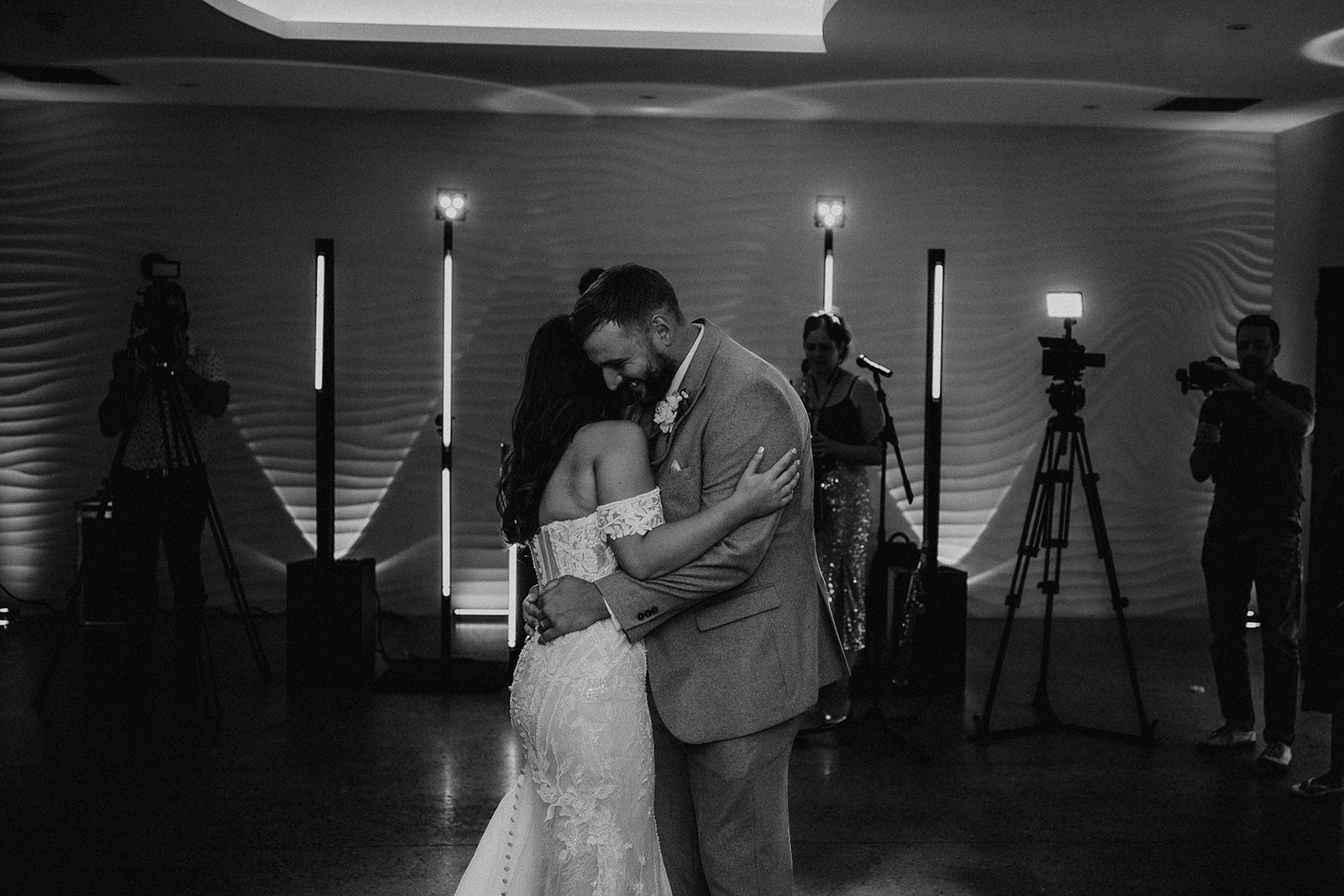 Black and white photo of the first dance at a Sandy Cove Hotel wedding