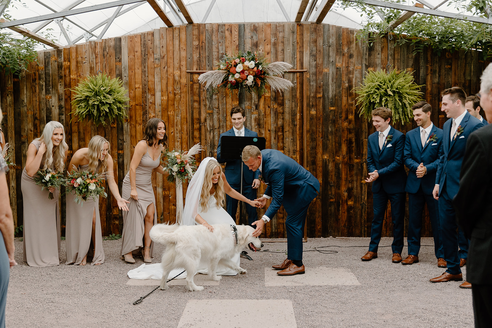 Bride and groom greet dog at the end of the aisle