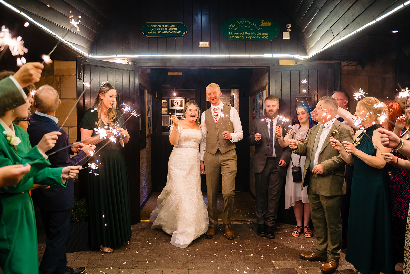 husband and wife sparkler exit at the engine shed in wetherby