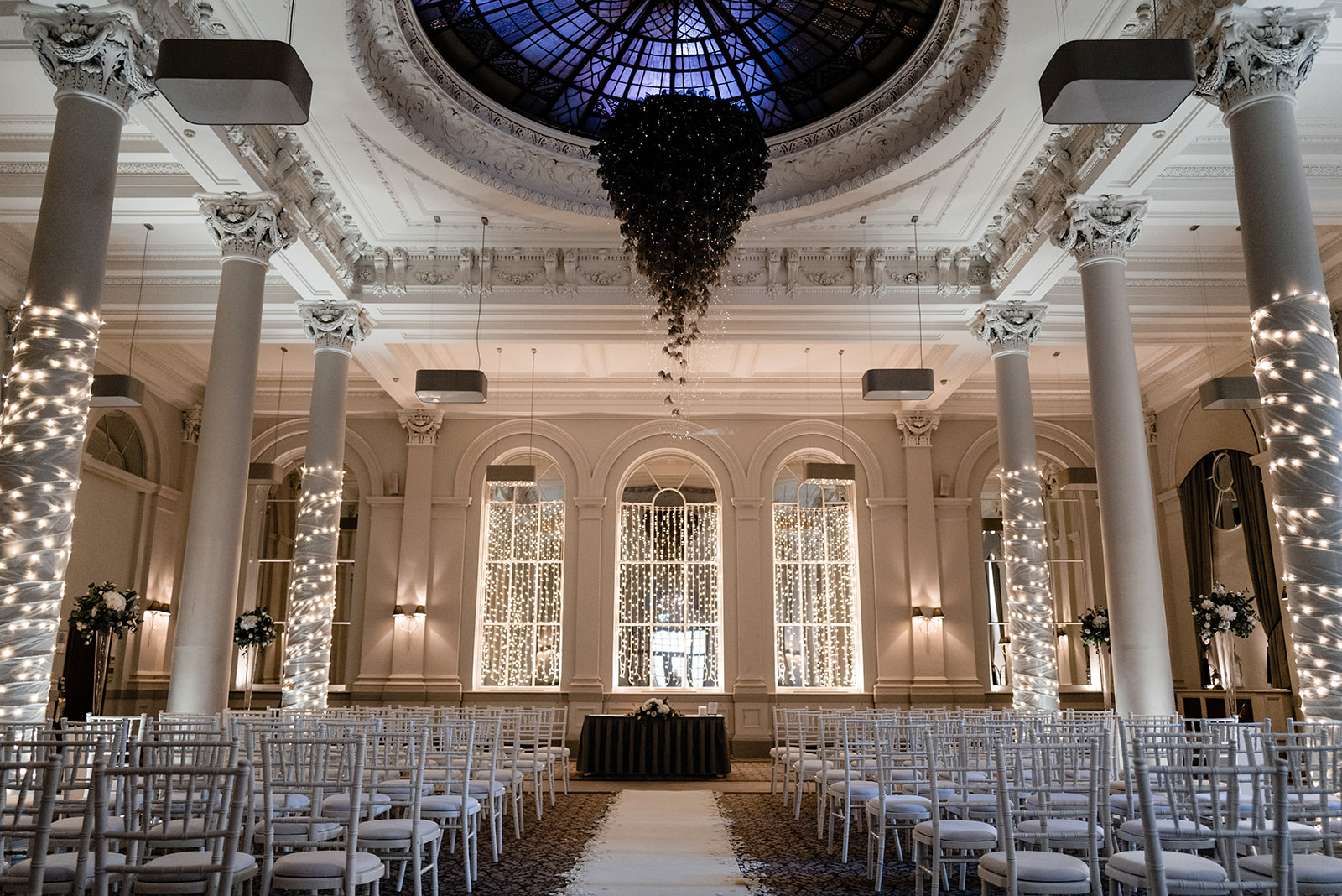 the George hotel Edinburgh, King's Hall decorated for a beautiful wedding ceremony.