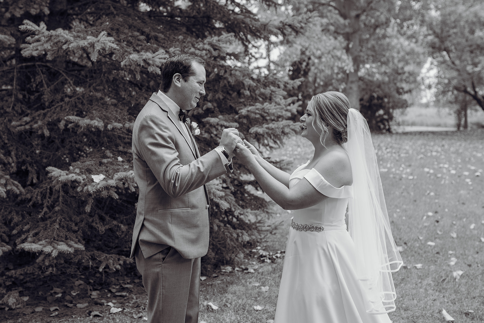 A couple's first look before their intimate private property wedding in Windsor Essex County