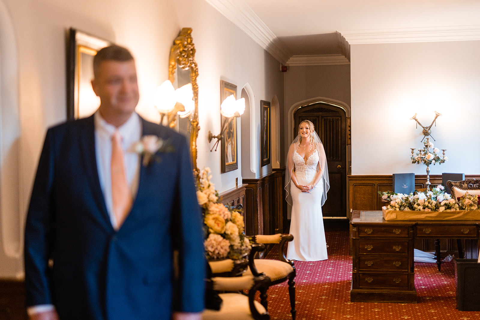Father first look wedding photograph at woodhall manor by Martin Beale Photography
