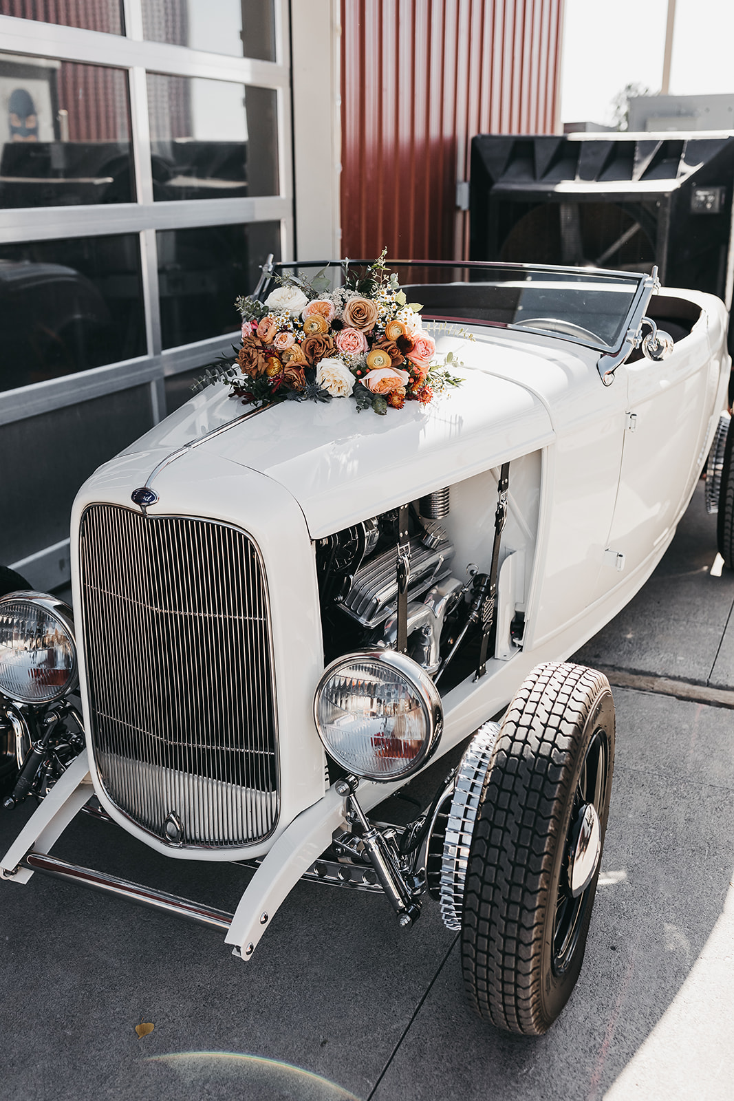 Stunning wedding details and florals by Simplified Celebrations on a classic car at Cooper Wine Co wedding in Washington