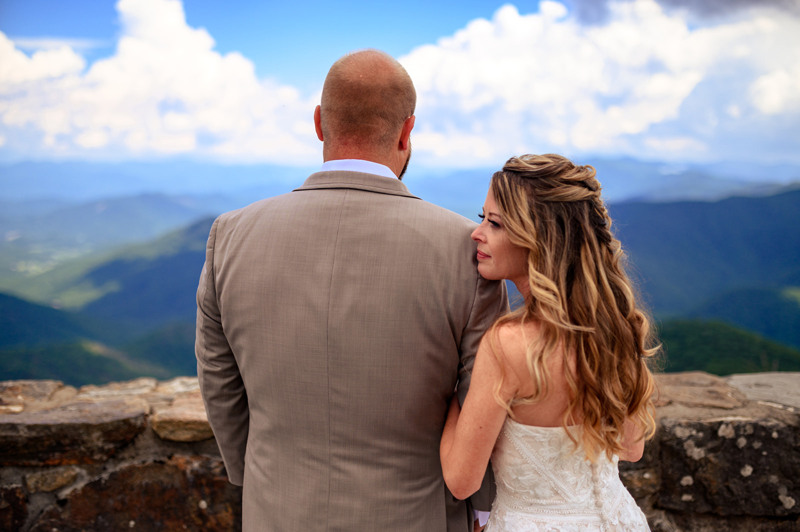 bride and groom share first look at wayah bald fire tower